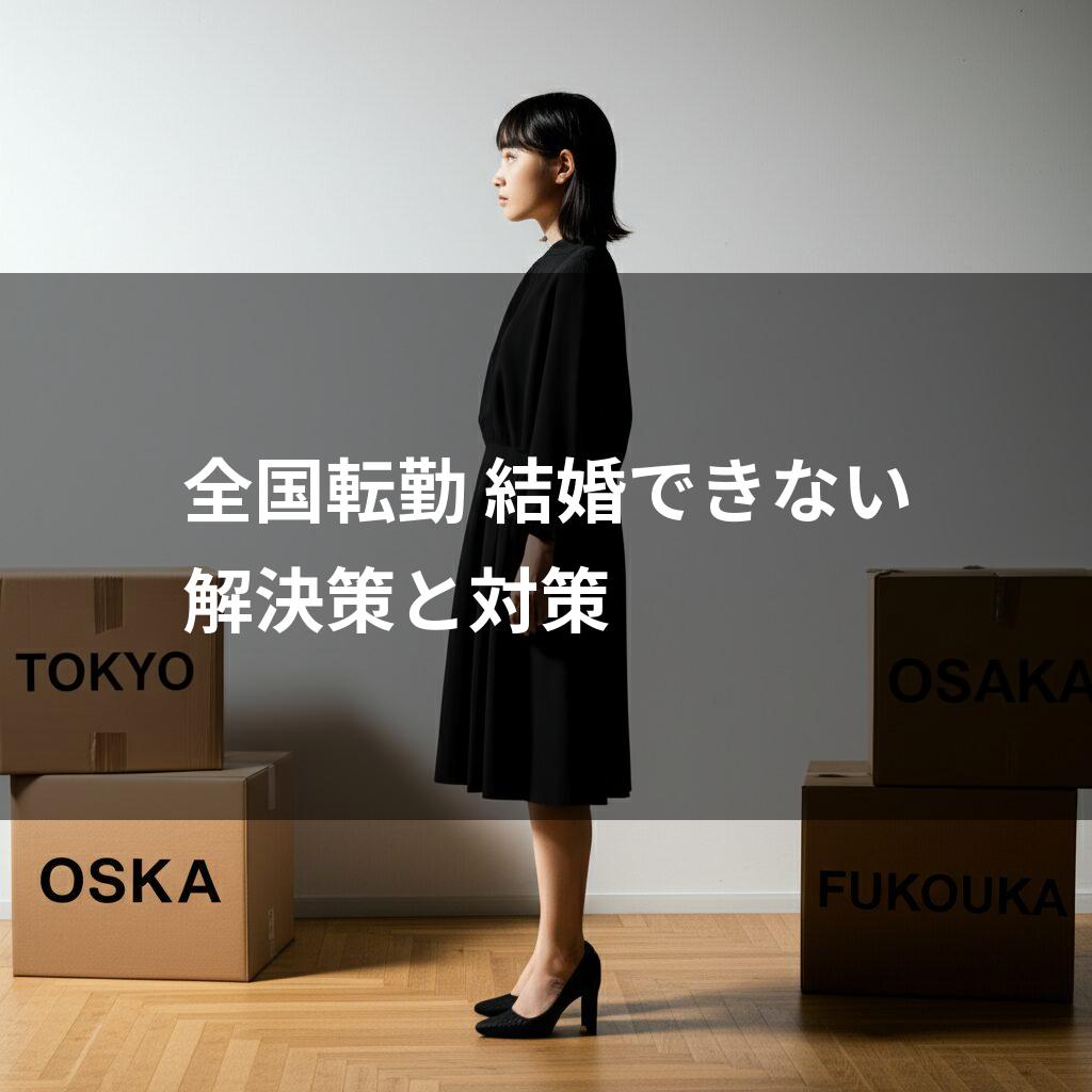 転勤と結婚の悩みを抱える女性と東京大阪福岡と書かれた段ボール