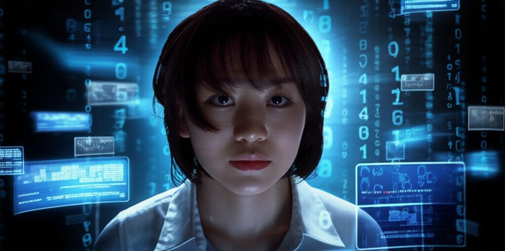数字が並ぶ背景の女性のポートレート