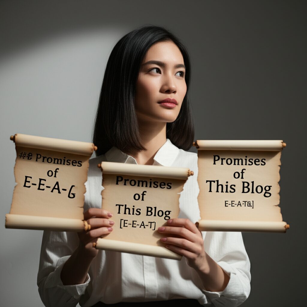 ブログのE-E-A-Tに関する約束を記した巻物を持つ女性
