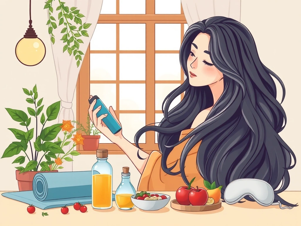 アニメ風イラストの朝の情景 窓辺で青いスマホを手にする女性とテーブルの上のヨガマット 果物飲み物 朝食用サラダが並ぶ健康的な朝食シーン