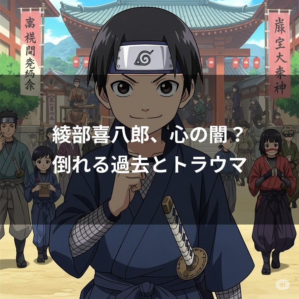 お寺を背景にした、刀を差した忍者装束の少年