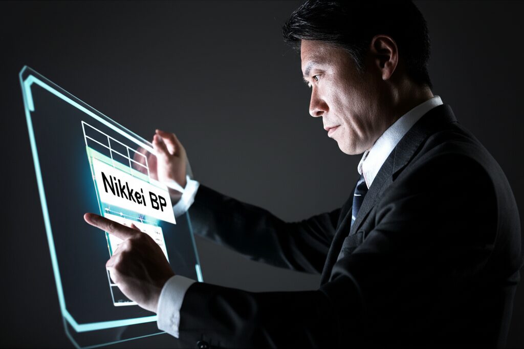日経BPの文字が入った透明なディスプレイを操作する男性