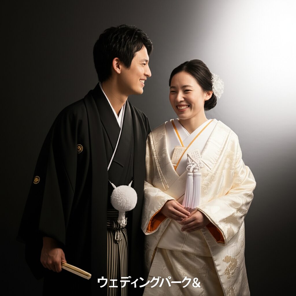 和装で笑顔を見合わせる新郎新婦