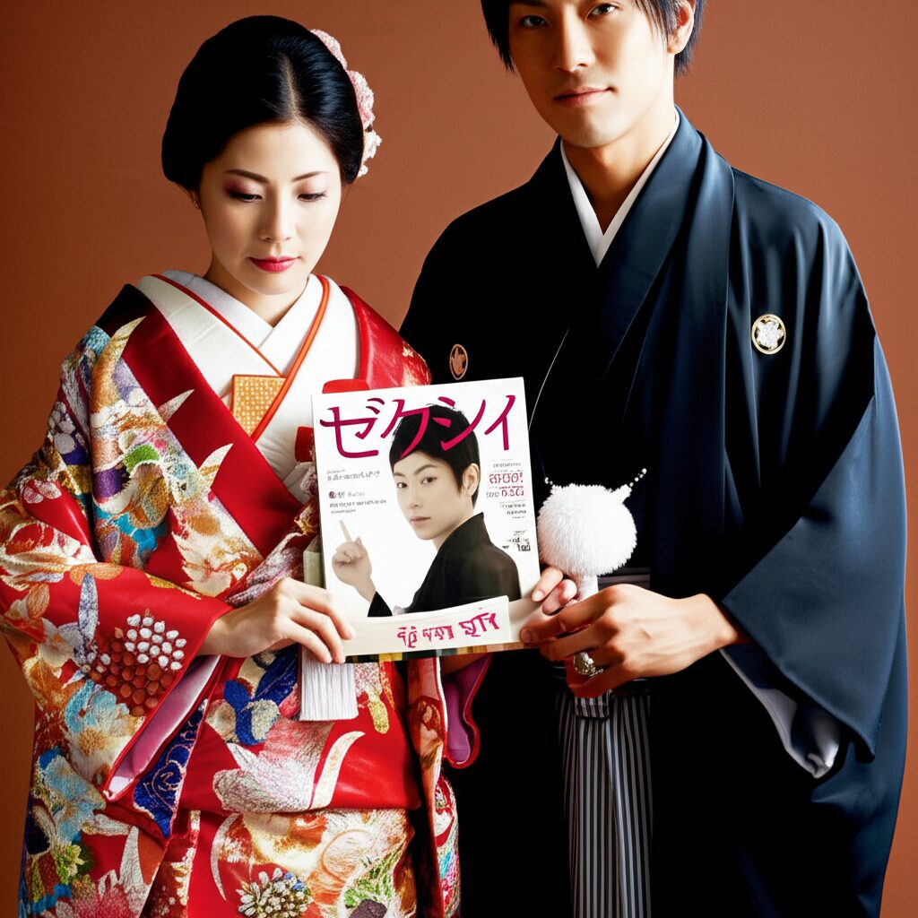和装の新郎新婦が雑誌を持つ写真