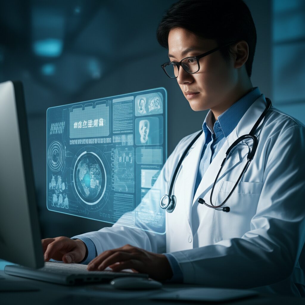 医師がコンピューターで医療データを見る様子