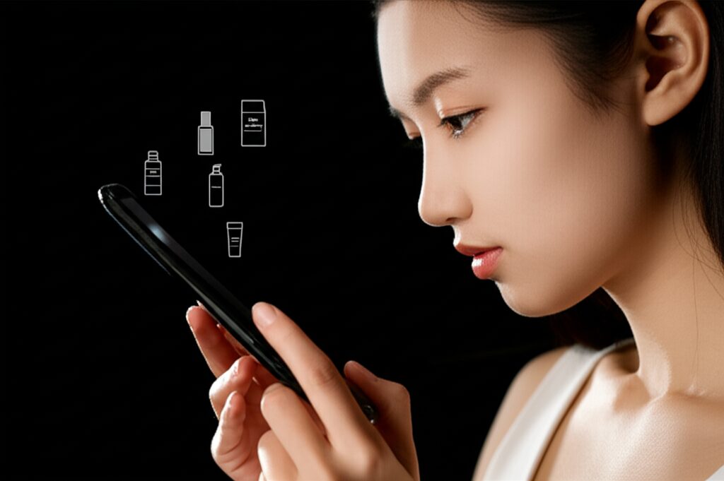 スマホで化粧品を選ぶ女性