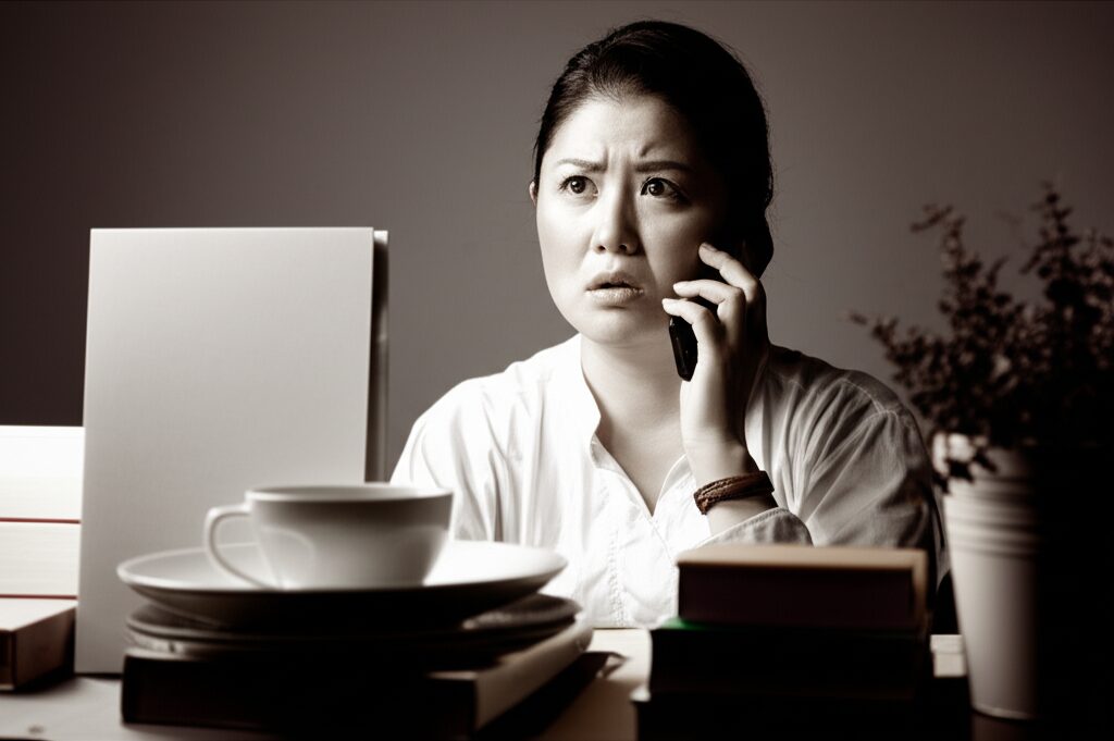 電話で困っている様子の女性
