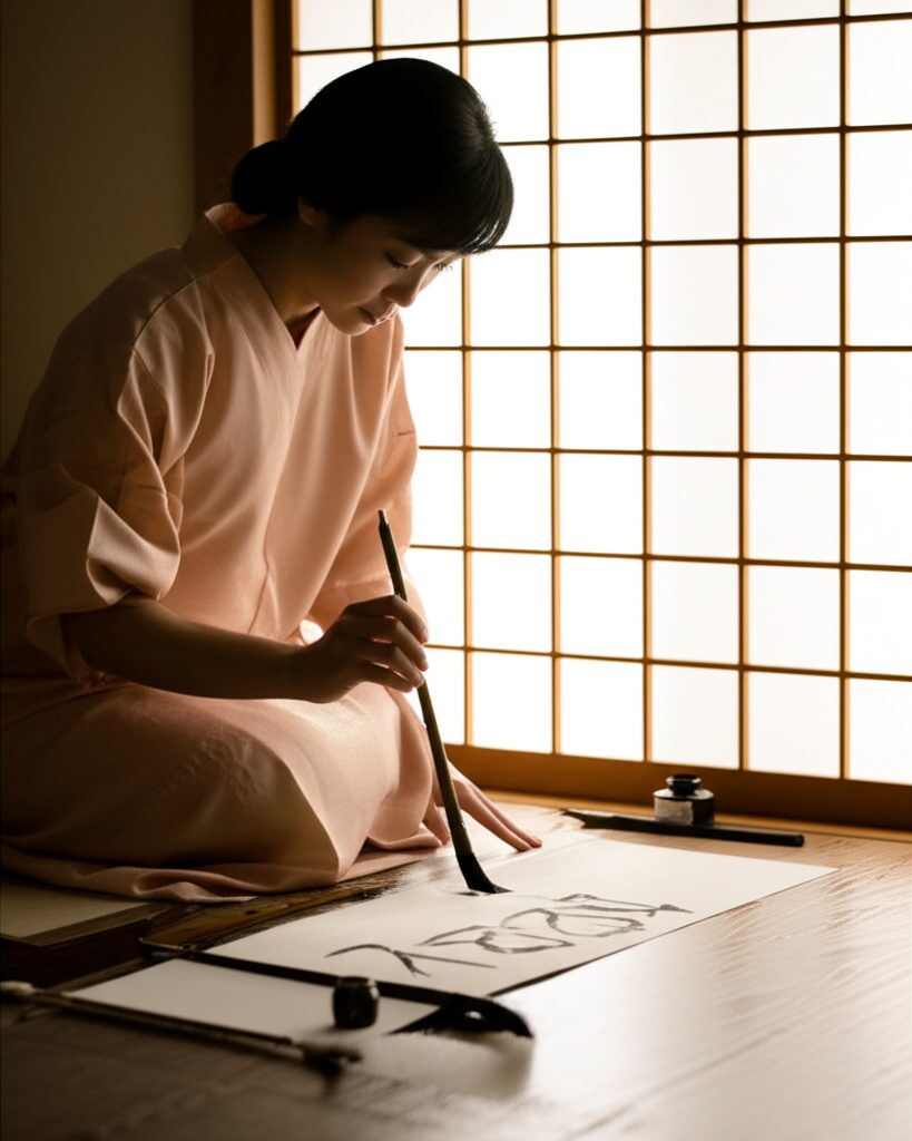女性が和室で筆を使って書道をしている様子