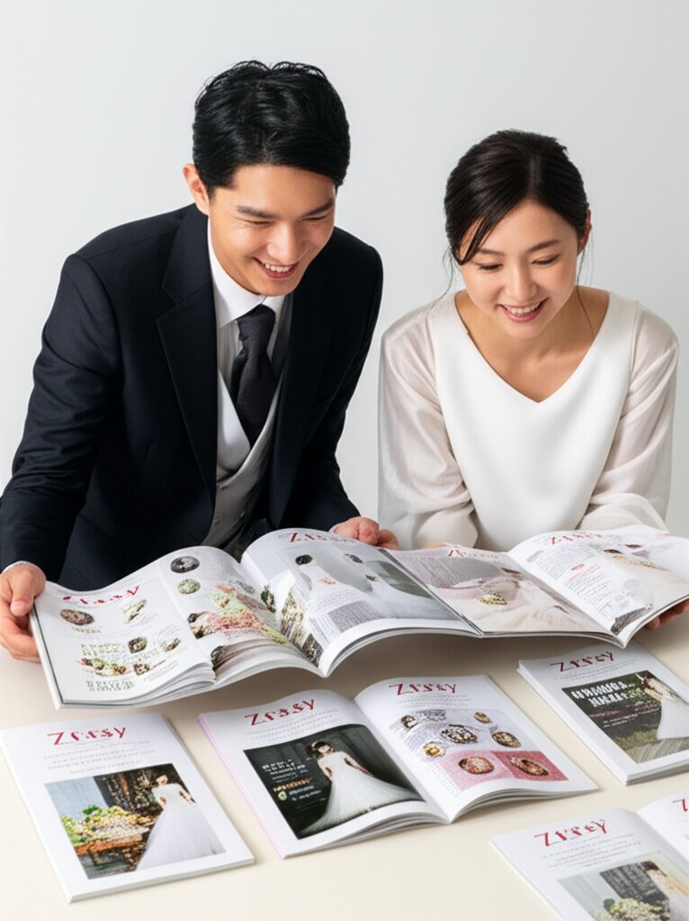 結婚情報誌を見る新郎新婦