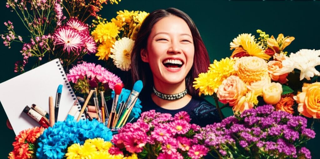 笑顔の女性と花束と画材