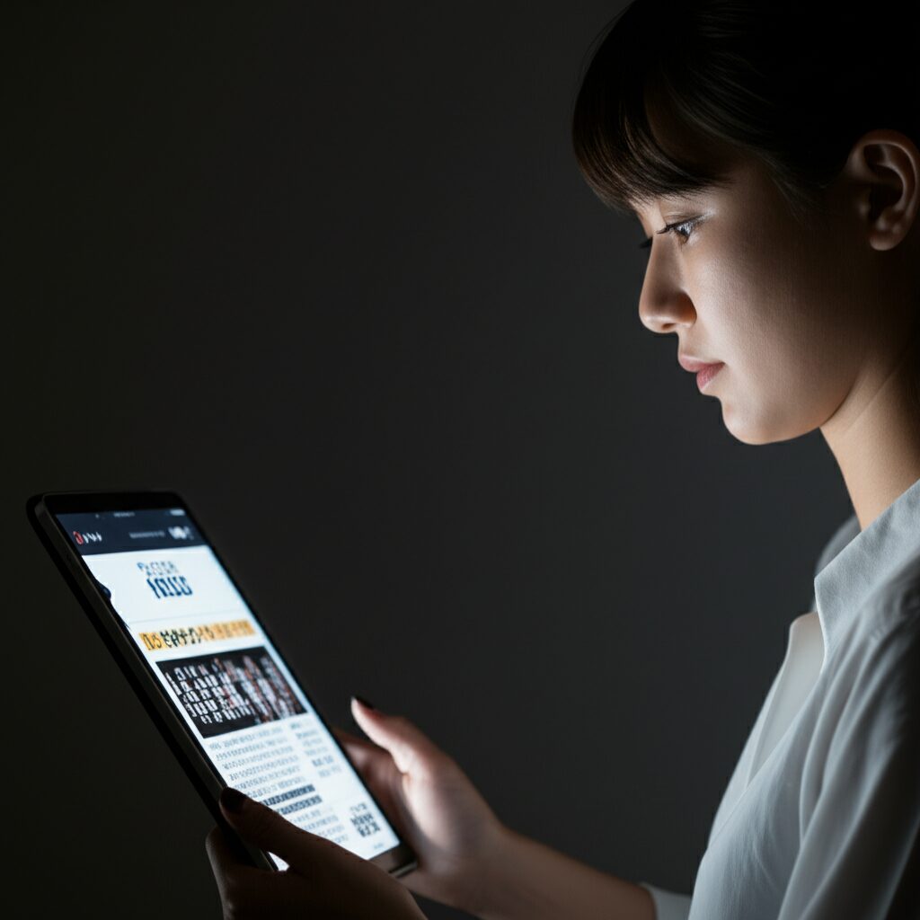 タブレットでニュースを読む女性