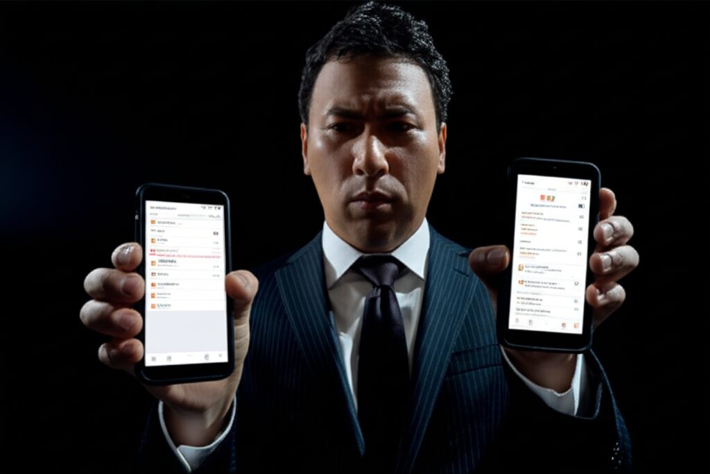 男性が両手にスマートフォンを持って見つめている