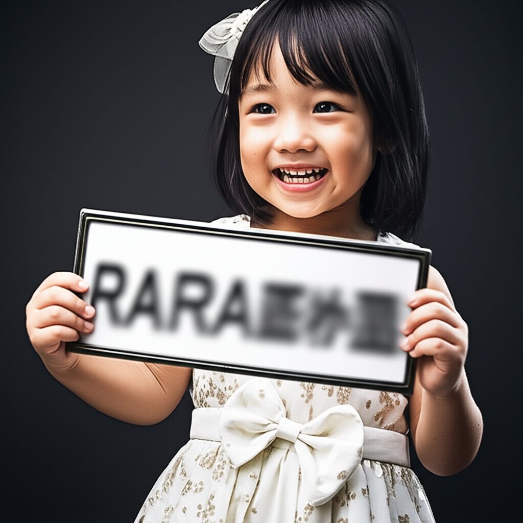 笑顔の女の子が名前を書いたプレートを持っている写真