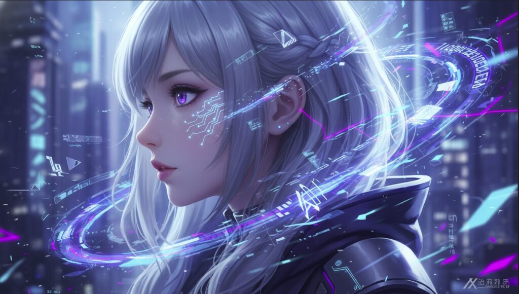 自律型AIへと進化したバーチャルアイドルの知的な表情とデジタルデータのイメージ