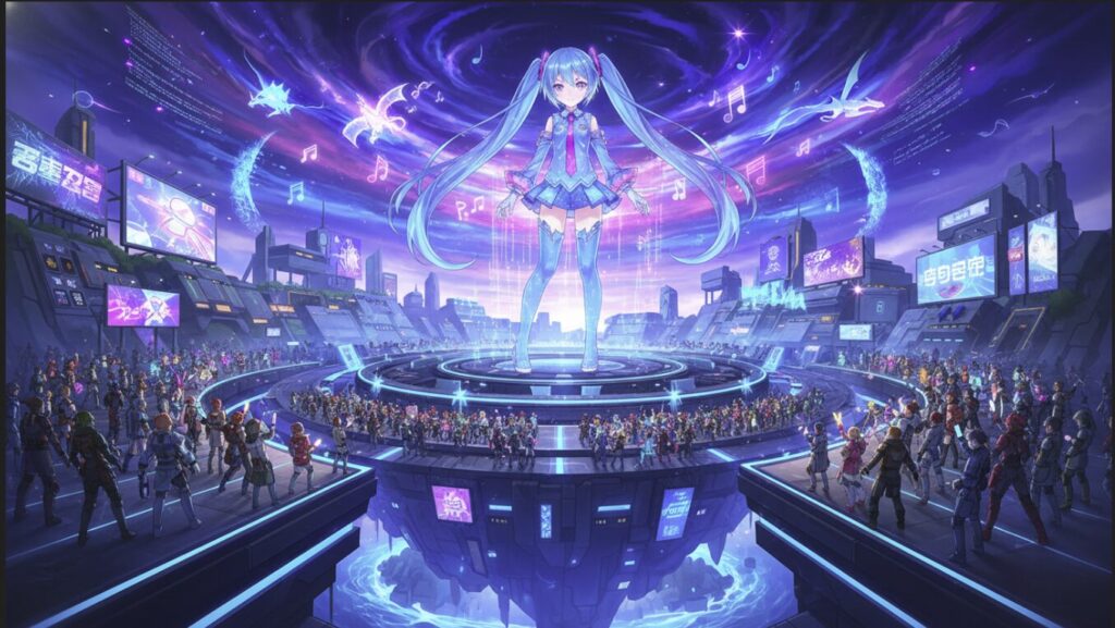 フォートナイトのようなメタバース空間で大規模なライブイベントを行うバーチャルアイドルのイメージ