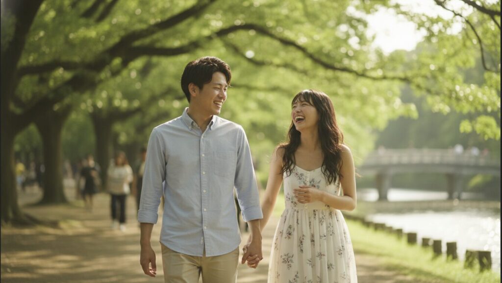 公園を仲良く歩きながら談笑する理想の日本人カップル