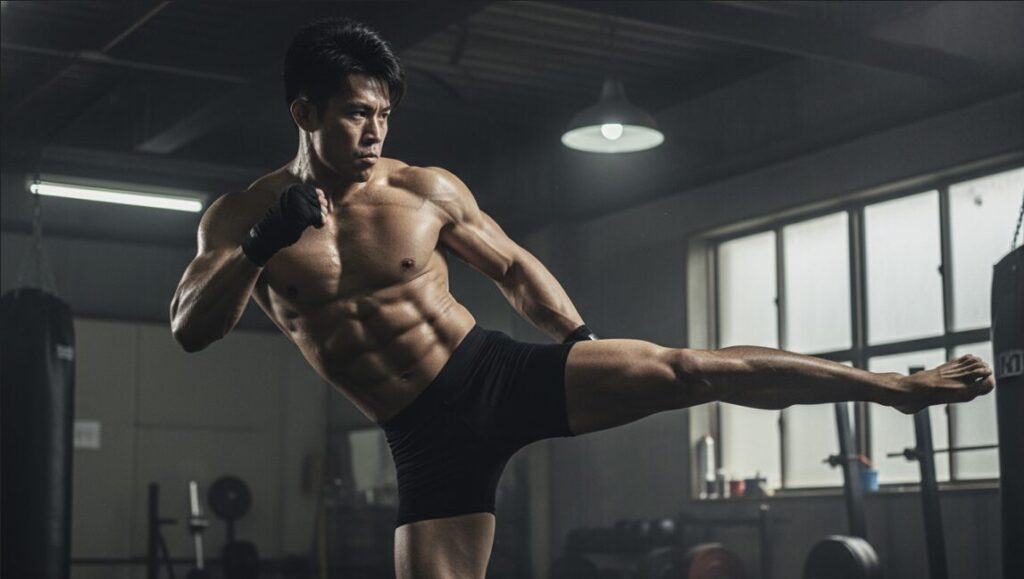 ストイックにトレーニングに励む、筋肉美が際立つ日本人男性のアクションシーン