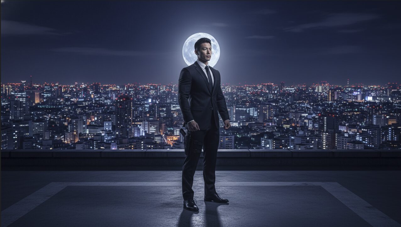 夜の東京の街並みを背景に、スーツと忍者の装備を身にまとった岩本照さんを彷彿とさせる日本人男性のアイキャッチ画像