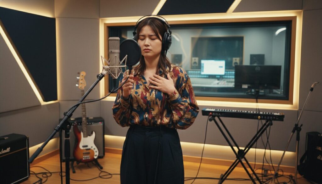 音楽スタジオでレコーディングに挑戦する日本人女性アーティスト