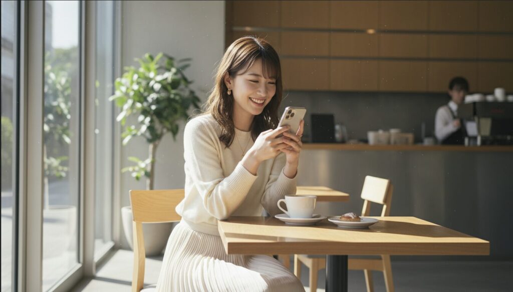 カフェで一人の時間を楽しむ自立した笑顔の日本人女性
