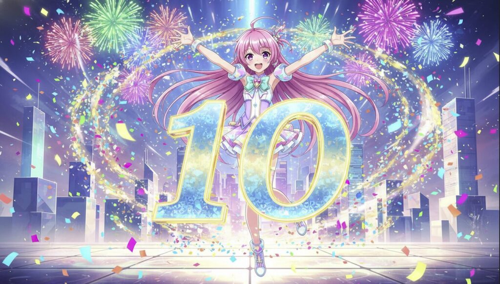 活動10周年を記念する2026年の復活を期待させる、お祝いムードのバーチャルアイドル