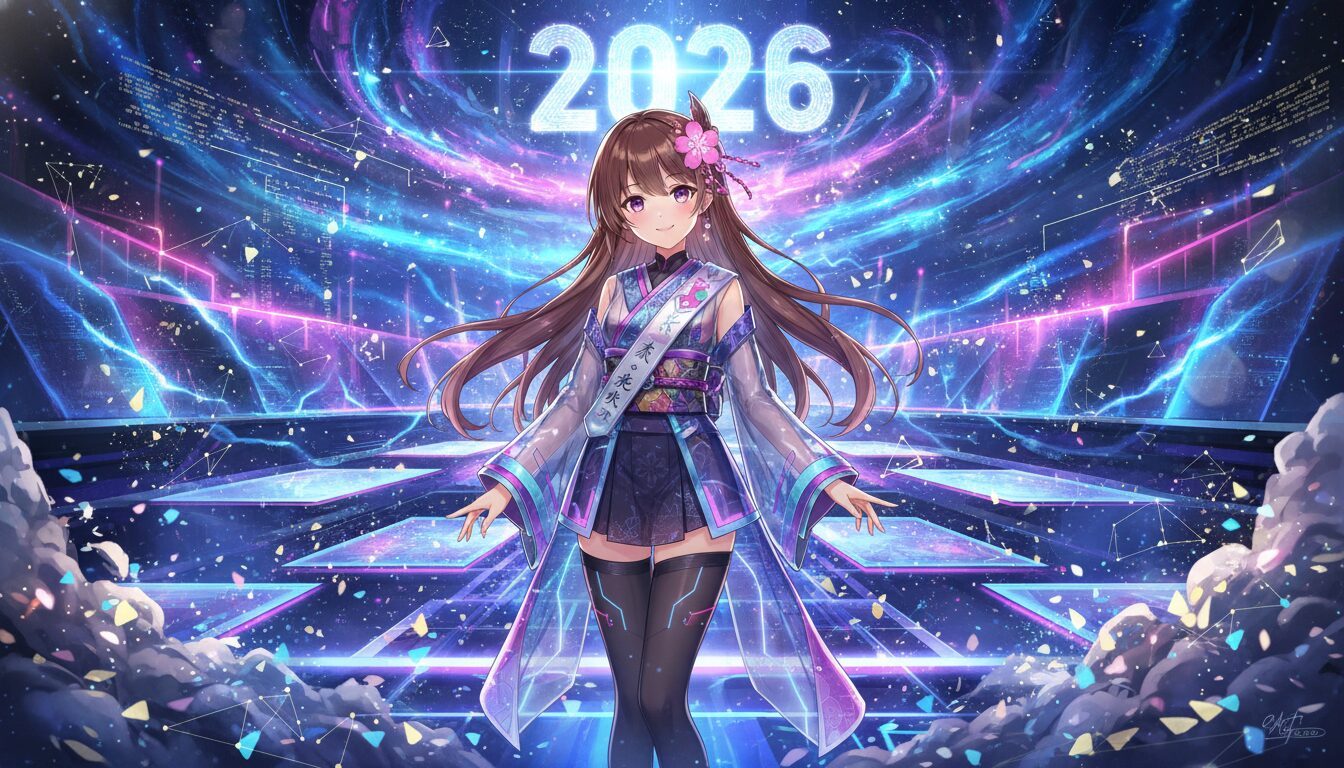 2026年の復活を象徴する、デジタル空間で輝くキズナアイ風のバーチャルアイドルのアイキャッチ画像