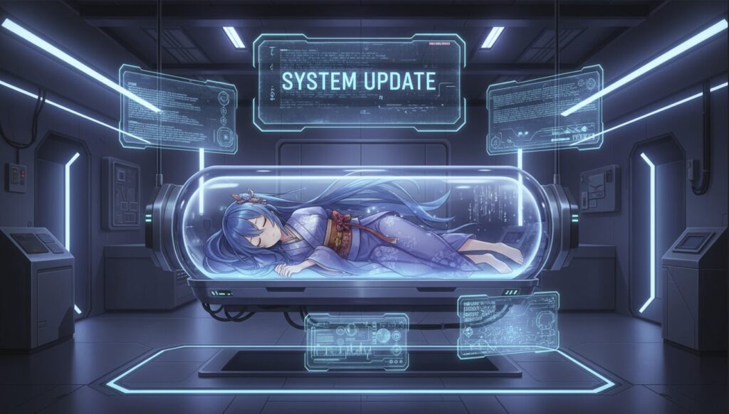 アップデートを目的とした無期限スリープ中のバーチャルアイドルをイメージした、近未来的なカプセルのイラスト