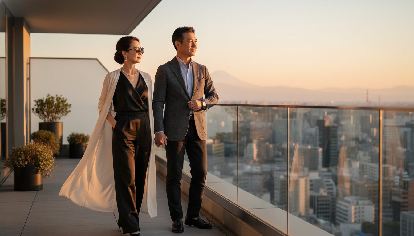 都会の景色をバックに、互いを尊重し合う自立した大人の日本人夫婦のイメージ画像