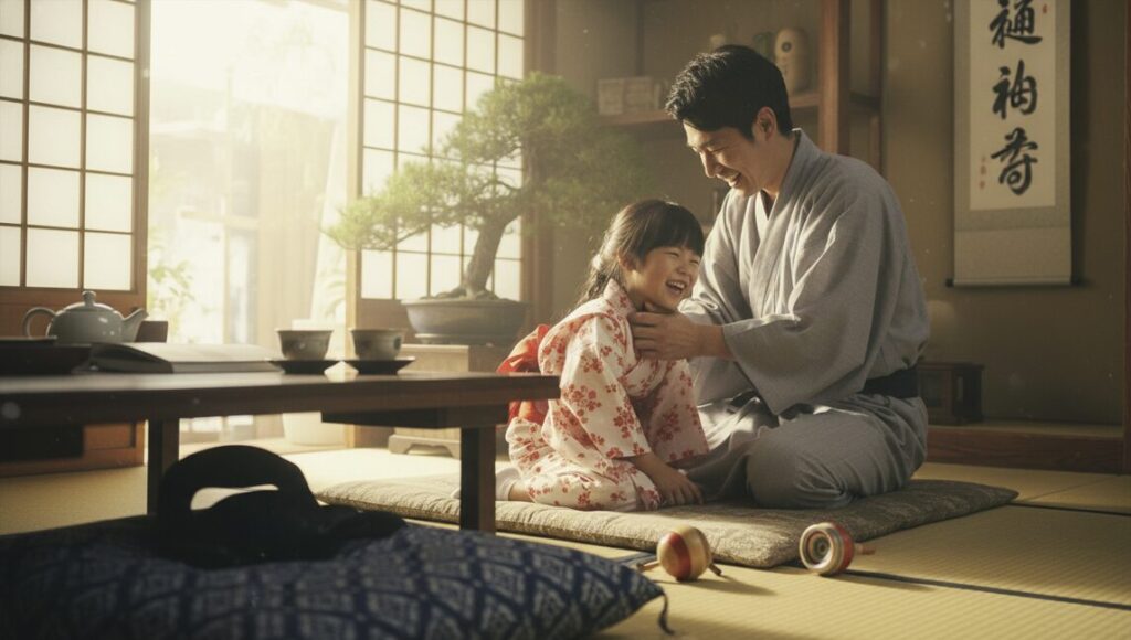 幸せな家族の団らんの裏で、忍者の正体を隠し持つ父親のスリルを表現したシーン