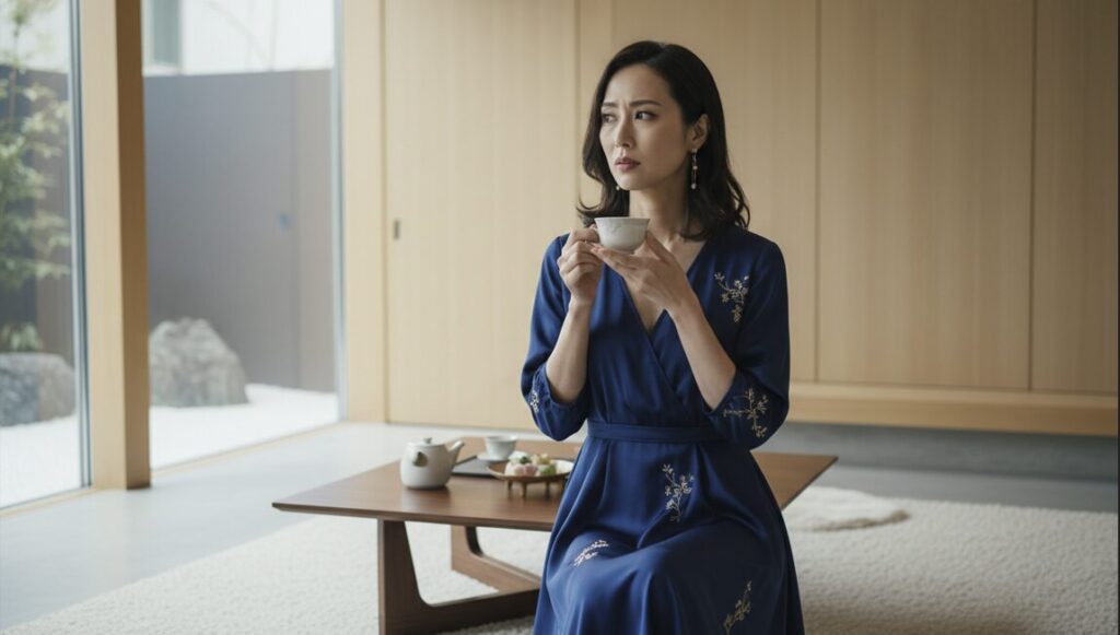 夫の秘密を疑うような鋭い眼差しを持つ、美しく知的な日本人の妻のイメージ