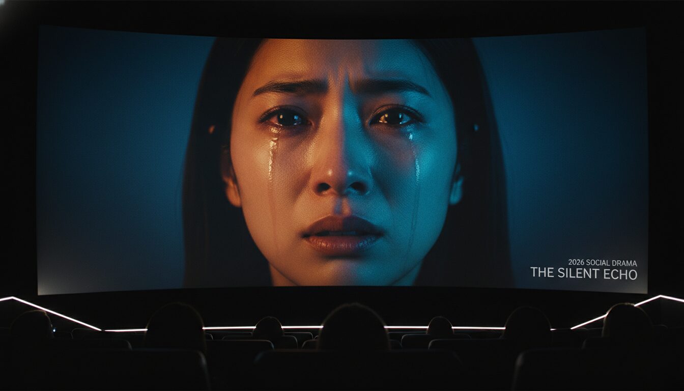 2026年公開の社会派ドラマで迫真の演技を見せるMEGUMIをイメージした映画館のスクリーン
